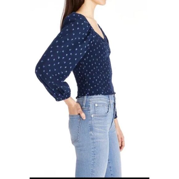 MADEWELL Women’s Classic Indigo Lucille Balloon Sleeve Smocked Top Size Large - Picture 2 of 7